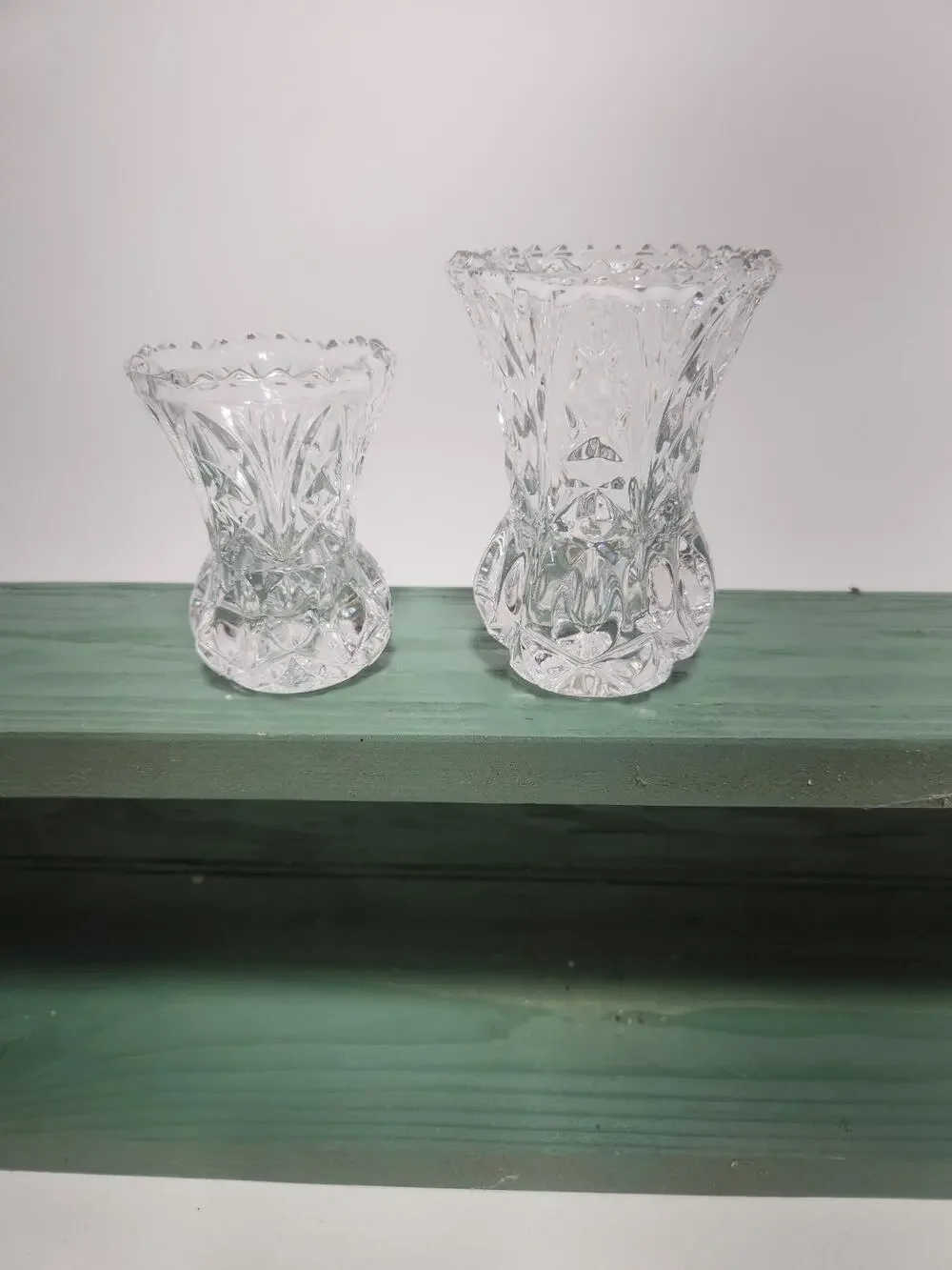 Vintage Clear Pressed Glass Bud Vases Set of 2 Scalloped Rim Diamond Starburst